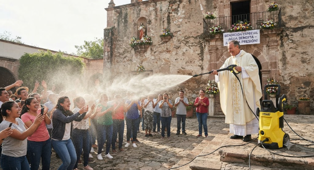 Un sacerdote sorprende en redes al usar una hidrolavadora para bendecir a los fieles