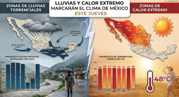 Lluvias y calor extremo marcarán el clima de México este jueves