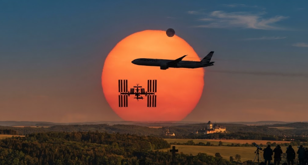 Una fotografía desde República Checa captó al avión, el Sol y la Estación Espacial Internacional
