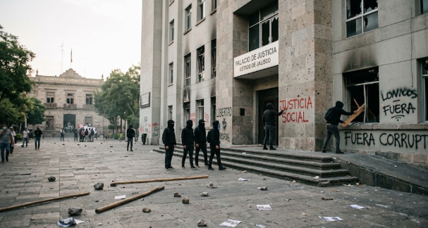 Encapuchados causan destrozos en el Congreso y el Palacio de Justicia de Jalisco